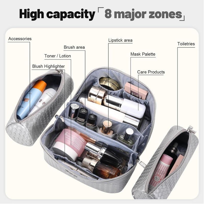 BOYATU Travel Makeup Bag Cosmetic Bags for Women: Large Capacity 3 Pcs Set Make up Bag with Compartments - Waterproof Vegan Leather Toiletry Organizer Bags with Handle (L34 Silver) - Image 4